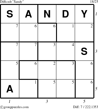 The grouppuzzles.com Difficult Sandy puzzle for  with all 7 steps marked