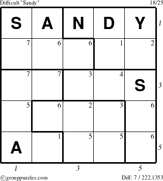 The grouppuzzles.com Difficult Sandy puzzle for , suitable for printing, with all 7 steps marked