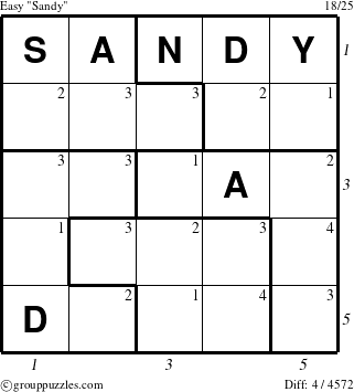 The grouppuzzles.com Easy Sandy puzzle for , suitable for printing, with all 4 steps marked