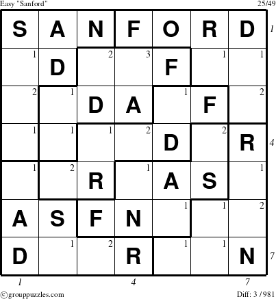 The grouppuzzles.com Easy Sanford puzzle for , suitable for printing, with all 3 steps marked