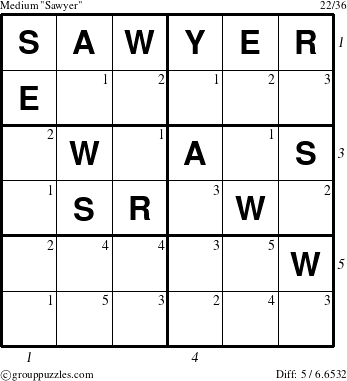 The grouppuzzles.com Medium Sawyer puzzle for , suitable for printing, with all 5 steps marked