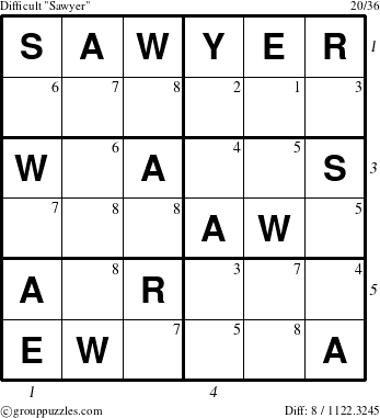 The grouppuzzles.com Difficult Sawyer puzzle for , suitable for printing, with all 8 steps marked