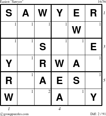 The grouppuzzles.com Easiest Sawyer puzzle for , suitable for printing, with all 2 steps marked