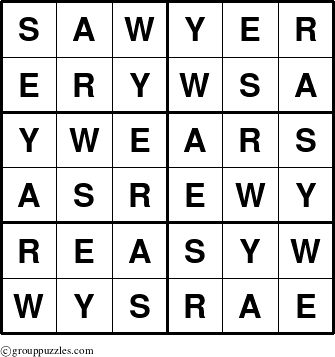 The grouppuzzles.com Answer grid for the Sawyer puzzle for 