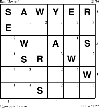 The grouppuzzles.com Easy Sawyer puzzle for  with all 4 steps marked