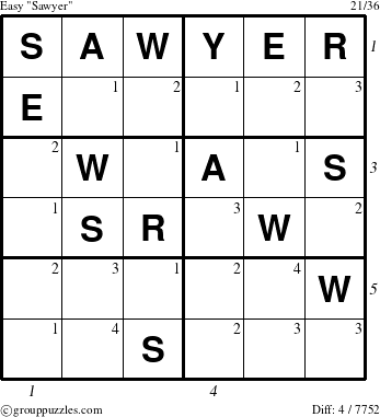 The grouppuzzles.com Easy Sawyer puzzle for , suitable for printing, with all 4 steps marked