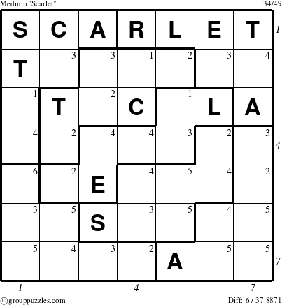 The grouppuzzles.com Medium Scarlet puzzle for , suitable for printing, with all 6 steps marked