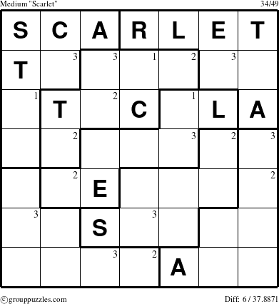 The grouppuzzles.com Medium Scarlet puzzle for  with the first 3 steps marked