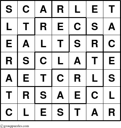 The grouppuzzles.com Answer grid for the Scarlet puzzle for 