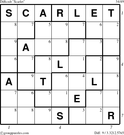 The grouppuzzles.com Difficult Scarlet puzzle for , suitable for printing, with all 9 steps marked