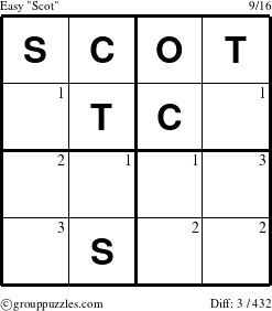 The grouppuzzles.com Easy Scot puzzle for  with the first 3 steps marked