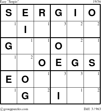 The grouppuzzles.com Easy Sergio puzzle for  with the first 3 steps marked