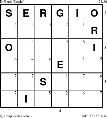 The grouppuzzles.com Difficult Sergio puzzle for , suitable for printing, with all 7 steps marked