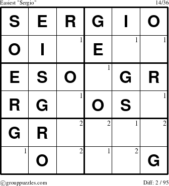 The grouppuzzles.com Easiest Sergio puzzle for  with the first 2 steps marked