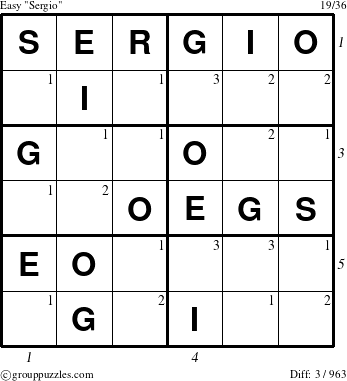 The grouppuzzles.com Easy Sergio puzzle for , suitable for printing, with all 3 steps marked