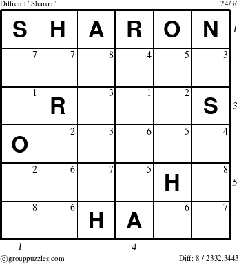 The grouppuzzles.com Difficult Sharon puzzle for  with all 8 steps marked