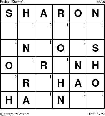 The grouppuzzles.com Easiest Sharon puzzle for  with the first 2 steps marked