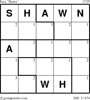 The grouppuzzles.com Easy Shawn puzzle for  with the first 3 steps marked