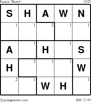 The grouppuzzles.com Easiest Shawn puzzle for  with the first 2 steps marked