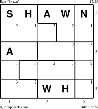 The grouppuzzles.com Easy Shawn puzzle for , suitable for printing, with all 3 steps marked