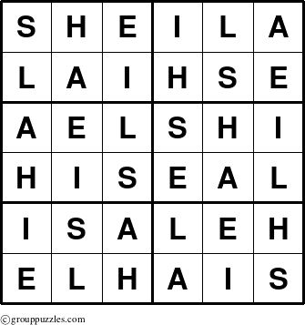 The grouppuzzles.com Answer grid for the Sheila puzzle for 