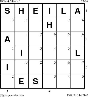 The grouppuzzles.com Difficult Sheila puzzle for , suitable for printing, with all 7 steps marked