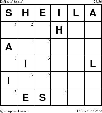 The grouppuzzles.com Difficult Sheila puzzle for  with the first 3 steps marked
