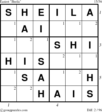 The grouppuzzles.com Easiest Sheila puzzle for  with all 2 steps marked