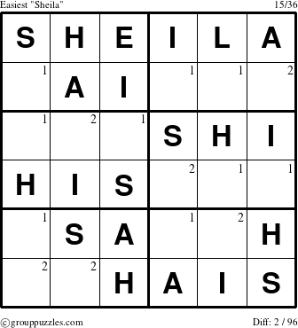 The grouppuzzles.com Easiest Sheila puzzle for  with the first 2 steps marked