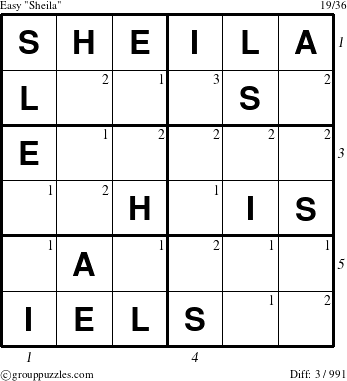 The grouppuzzles.com Easy Sheila puzzle for , suitable for printing, with all 3 steps marked