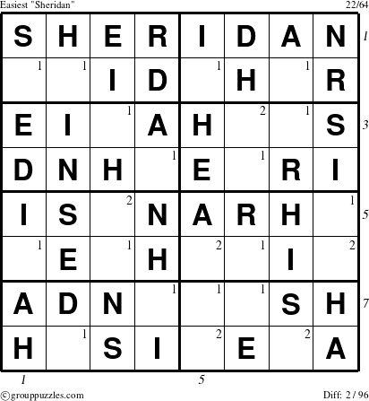 The grouppuzzles.com Easiest Sheridan puzzle for , suitable for printing, with all 2 steps marked