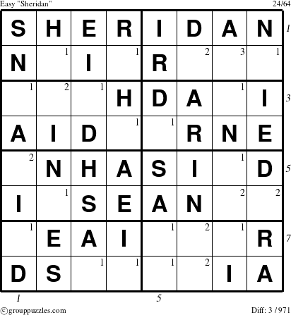 The grouppuzzles.com Easy Sheridan puzzle for , suitable for printing, with all 3 steps marked