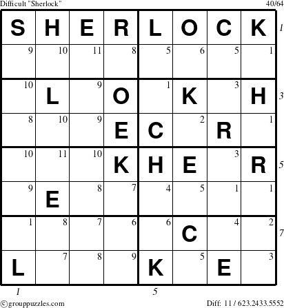 The grouppuzzles.com Difficult Sherlock puzzle for , suitable for printing, with all 11 steps marked