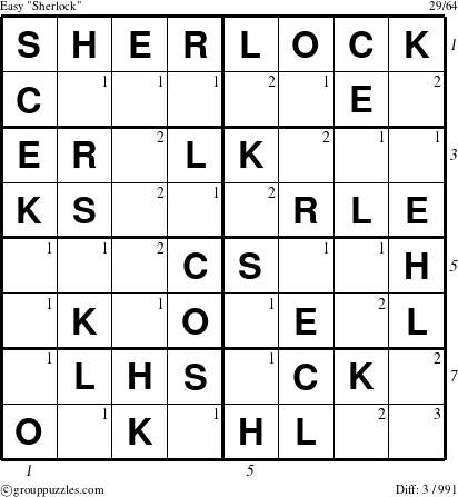 The grouppuzzles.com Easy Sherlock puzzle for , suitable for printing, with all 3 steps marked