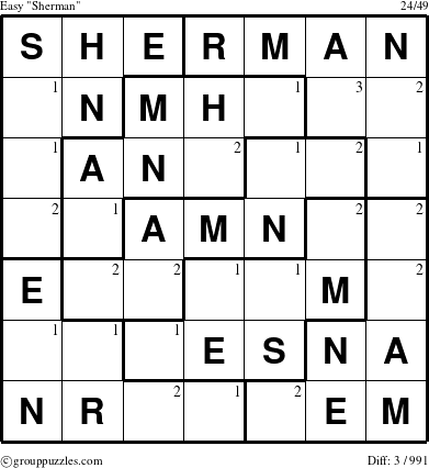 The grouppuzzles.com Easy Sherman puzzle for  with the first 3 steps marked