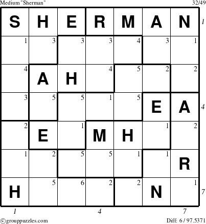 The grouppuzzles.com Medium Sherman puzzle for , suitable for printing, with all 6 steps marked