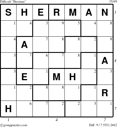 The grouppuzzles.com Difficult Sherman puzzle for , suitable for printing, with all 9 steps marked