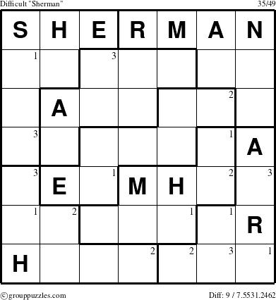 The grouppuzzles.com Difficult Sherman puzzle for  with the first 3 steps marked