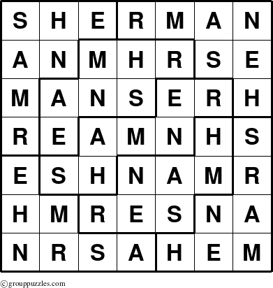 The grouppuzzles.com Answer grid for the Sherman puzzle for 