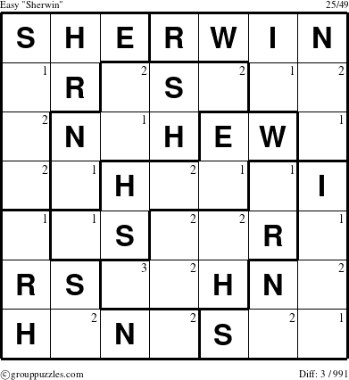 The grouppuzzles.com Easy Sherwin puzzle for  with the first 3 steps marked
