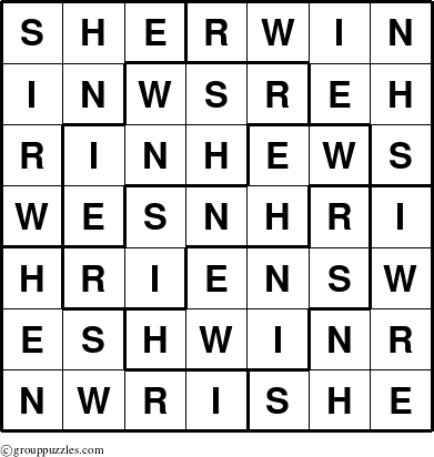 The grouppuzzles.com Answer grid for the Sherwin puzzle for 