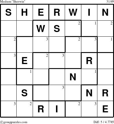 The grouppuzzles.com Medium Sherwin puzzle for  with the first 3 steps marked
