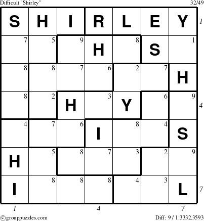 The grouppuzzles.com Difficult Shirley puzzle for , suitable for printing, with all 9 steps marked