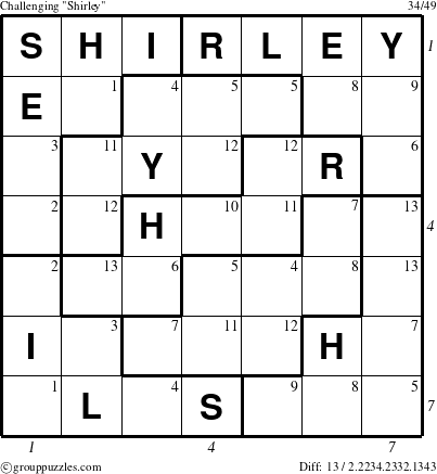 The grouppuzzles.com Challenging Shirley puzzle for , suitable for printing, with all 13 steps marked