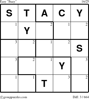 The grouppuzzles.com Easy Stacy puzzle for  with the first 3 steps marked