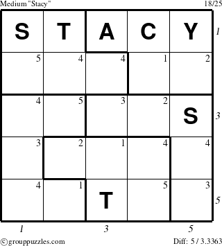 The grouppuzzles.com Medium Stacy puzzle for  with all 5 steps marked