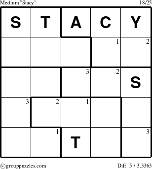 The grouppuzzles.com Medium Stacy puzzle for  with the first 3 steps marked