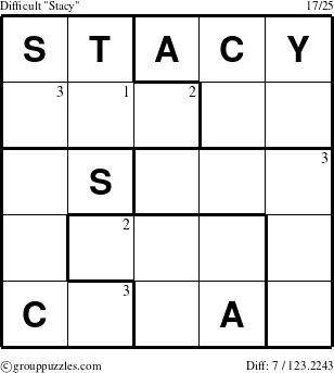 The grouppuzzles.com Difficult Stacy puzzle for  with the first 3 steps marked