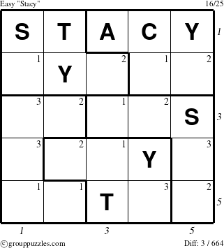 The grouppuzzles.com Easy Stacy puzzle for  with all 3 steps marked