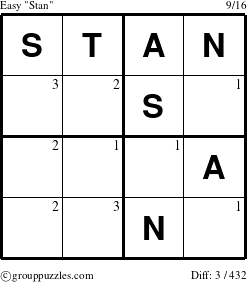 The grouppuzzles.com Easy Stan puzzle for  with the first 3 steps marked